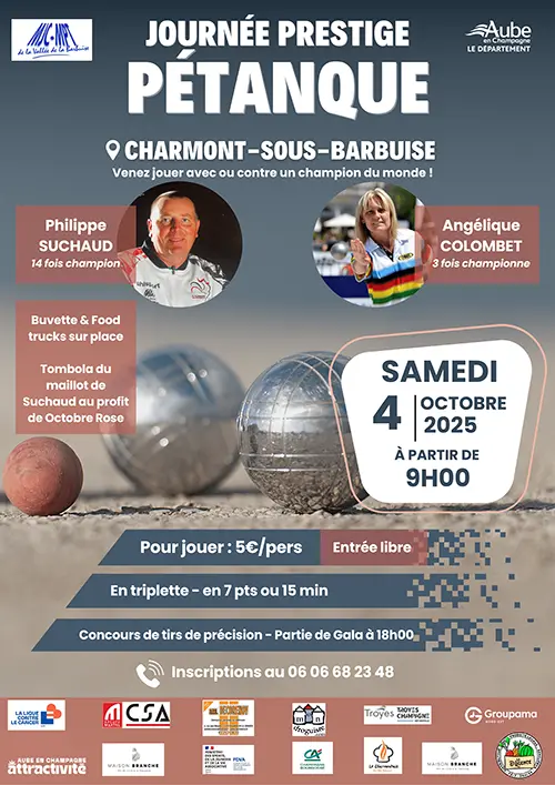Journée Prestige Pétanque (Venez jouer avec ou contre un champion du monde !) – Charmont-sous-Barbuise / Aube (Terrain de pétanque) (affiche de l’événement)