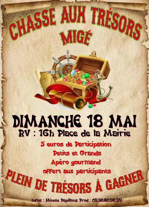 Fabuleuse Chasse aux Trésors (pour petits et grands) suivi d'un apéro gourmand offert aux joueurs – Migé (Place de la Mairie) (affiche de l’événement)