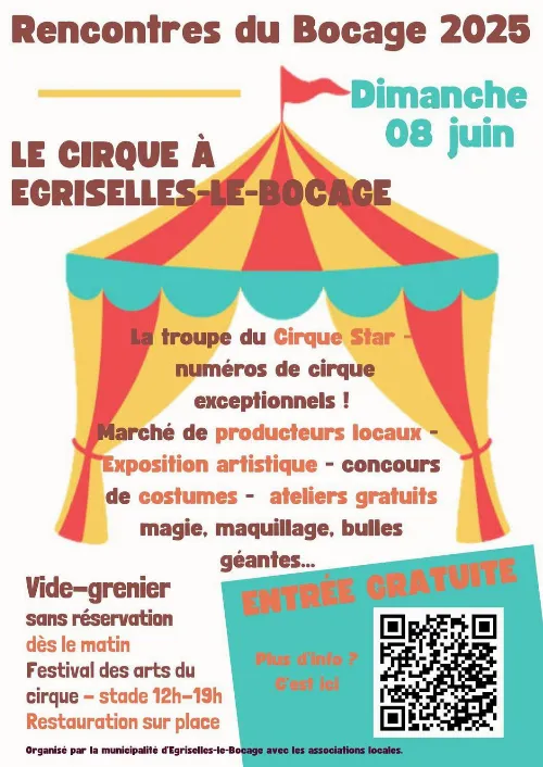 Rencontres du Bocage 2025 : Numéros exceptionnels du Cirque Star + Marché de producteurs + Exposition + Concours de costumes + Ateliers gratuits + Vide-grenier – Egriselles-le-bocage (Stade) (affiche de l’événement)