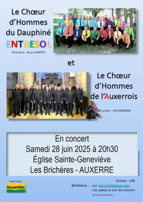Concert : Le Chœur d'Hommes de l'Auxerrois accueille Entresol, chœur d'hommes du Dauphiné – Auxerre (Eglise Sainte Geneviève aux Brichères) (affiche de l’événement)