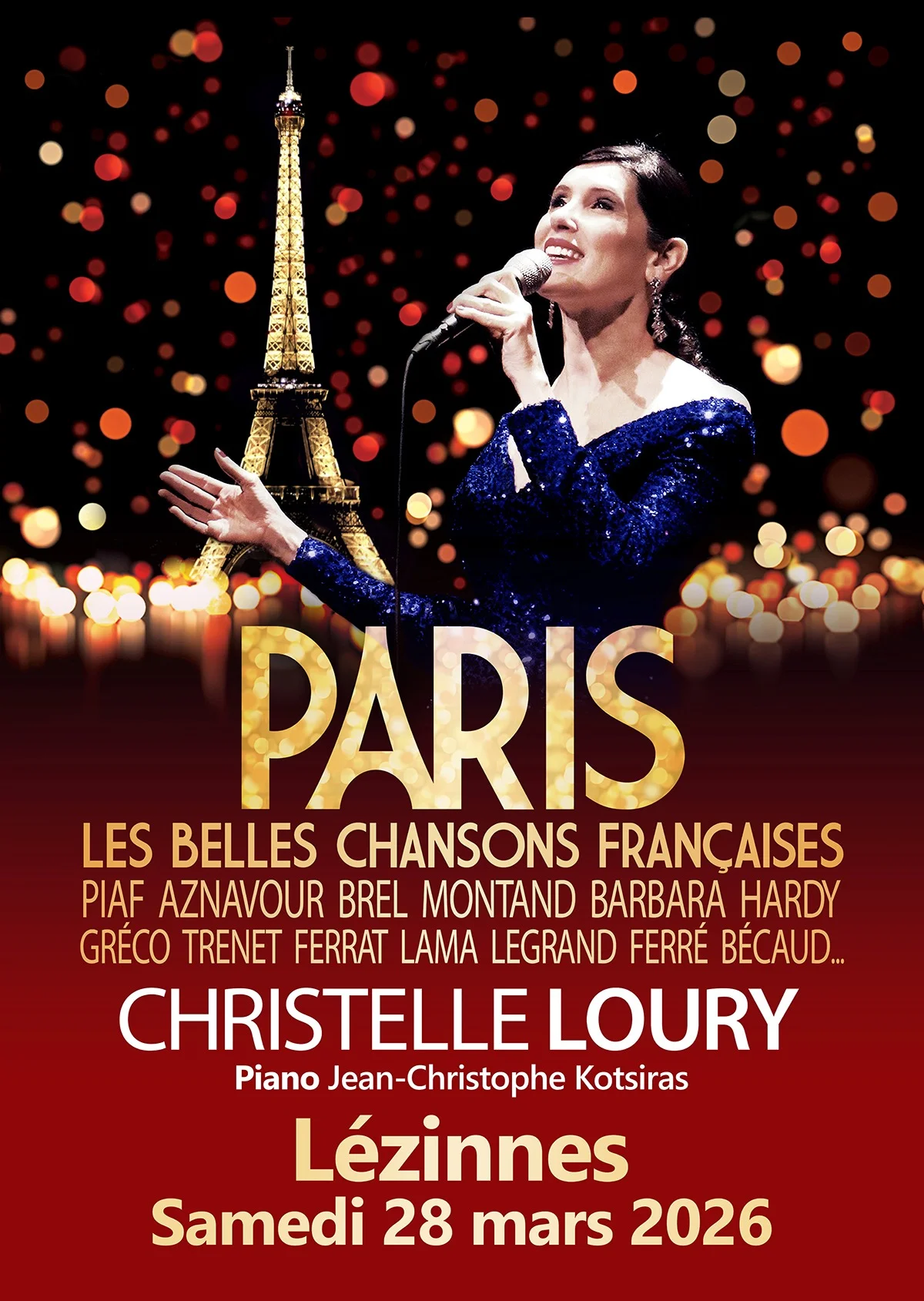 Concert "Paris et les belles chansons françaises" (Hommage à Paris et aux grands interprètes des années 30 à 70) par Christelle Loury et Jean-Christophe Kotsiras (Duo piano-voix) – Lézinnes (Salle polyvalente La Gravière du Moulin) (affiche de l’événement)