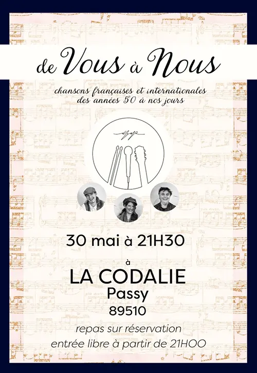 Concert à la Codalie avec De vous à Nous (reprises de chansons françaises / pop anglaise) – Passy (La Codalie) (affiche de l’événement)