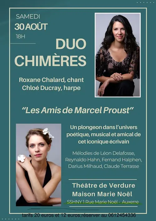 Concert "Les Amis de Marcel Proust" avec le duo Chimères (Roxane Chalard, chant / Chloé Ducray, harpe) : Mélodies de Léon Delafosse, Reynaldo Hahn, Fernand Halphen, Darius Milhaud, Claude Terrasse – Auxerre (Théâtre de Verdure / Maison Marie Noël) (affiche de l’événement)