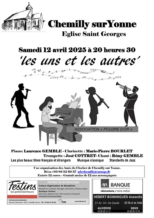Concert avec le groupe Les uns et les autres (chant, piano, clarinette, trombone / Musique classique, standards de jazz et chanson française) – Chemilly-sur-Yonne  (Eglise Saint Georges) (affiche de l’événement)