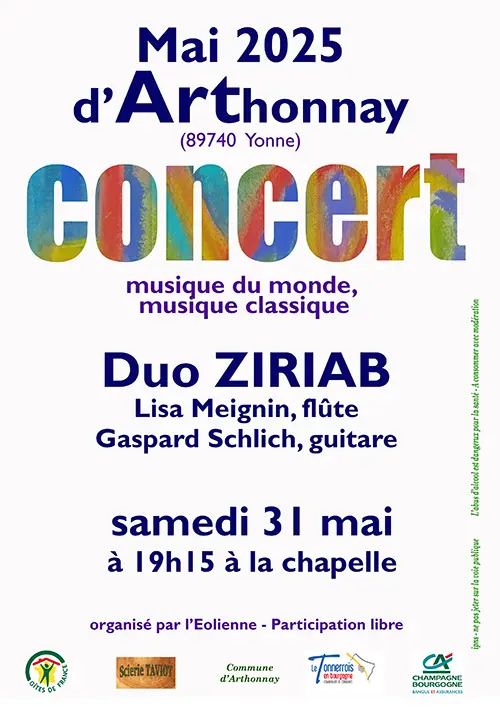 Mai d'Arthonnay : Concert avec le duo Ziriab (musique du monde et musique classique) avec Lisa Meignin (flûte) et Gaspard Schlich (guitare) – Arthonnay (Chapelle) (affiche de l’événement)