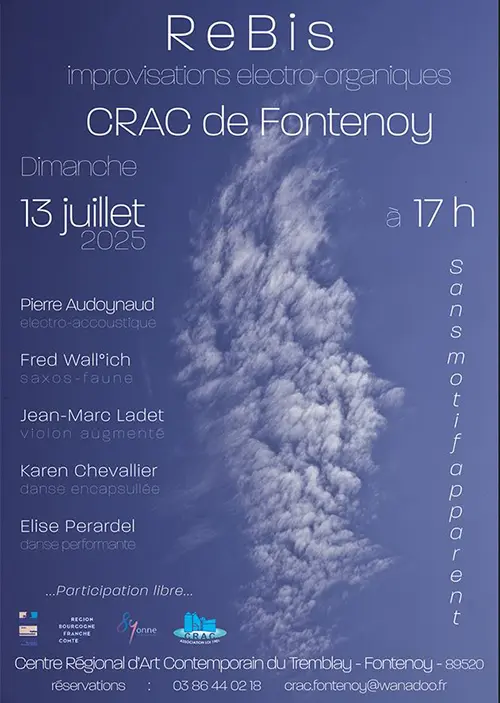 Concert "Sans motif apparent" avec le groupe ReBis (improvisations electro-organiques) – Fontenoy (Centre Régional d'Art Contemporain / Château du Tremblay) (affiche de l’événement)