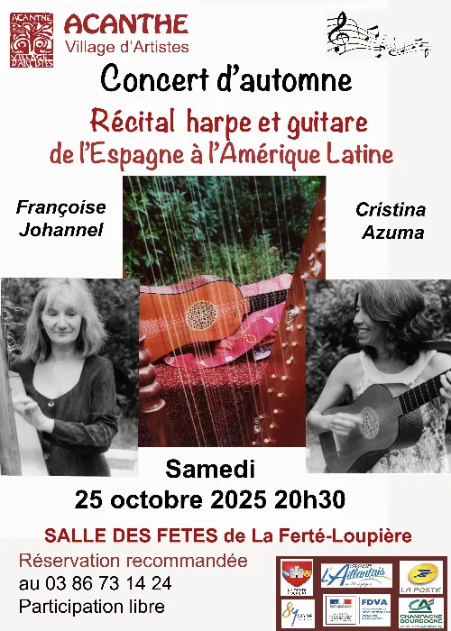 Concert d'automne : Récital harpe et guitare  "De l'Espagne à l'Amérique Latine" avec Françoise Johannel  et Cristina Azuma – La Ferté-Loupière (salle des fêtes / face à l'église) (affiche de l’événement)