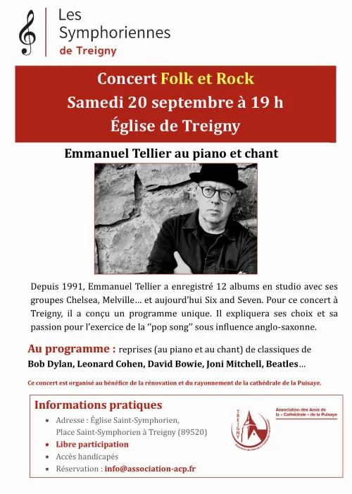 Concert Folk et Rock avec Emmanuel Tellier (piano et chant) : Plongez dans vos souvenirs musicaux ! avec  des reprises de classiques de Bob Dylan, Leonard Cohen, David Bowie, Joni Mitchell, Beatles... – Treigny (Eglise Saint Symphorien) (affiche de l’événement)