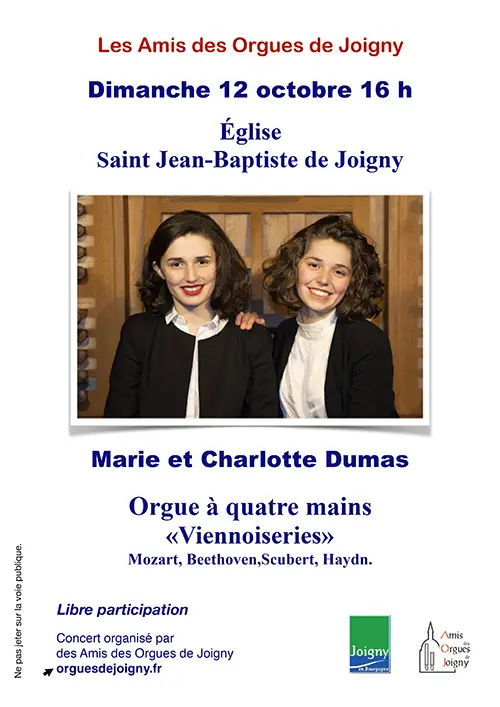 Concert d'orgue à quatre mains "Viennoiseries" (Mozart, Beethoven, Schubert, Haydn) avec Marie et Charlotte Dumas – Joigny (Eglise Saint-Jean-Baptiste) (affiche de l’événement)