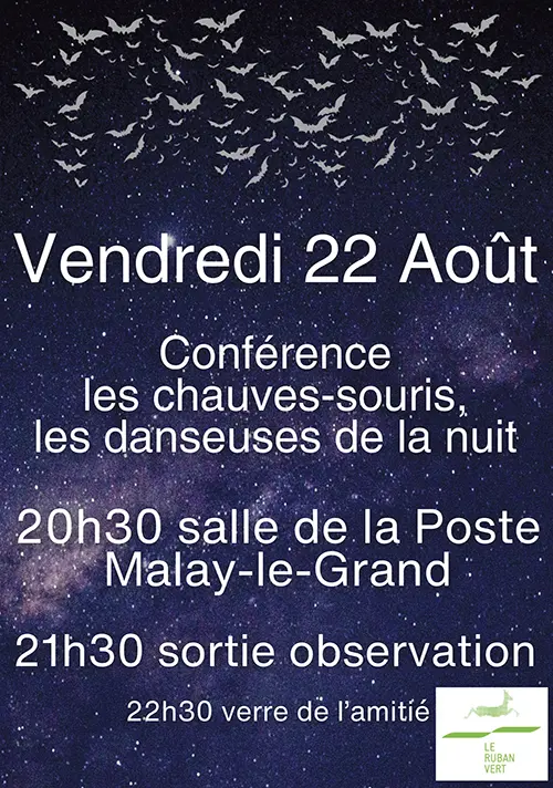 Conférence sur les chauves-souris "les danseuses de la nuit" de Lilou Kupper avec sortie observation – Malay-le-Grand (Salle de la Poste / place de la mairie ) (affiche de l’événement)