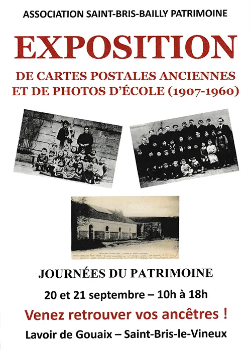 Journées du Patrimoine : Exposition de cartes postales anciennes et de photos d'école (1907-1960) – Saint Bris le Vineux (Lavoir de Gouaix) (affiche de l’événement)