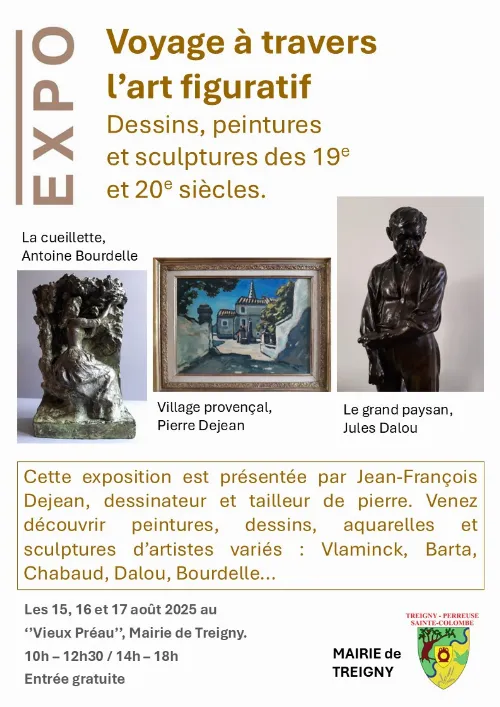 Exposition "Voyage à travers l’art figuratif" : Dessins, peintures, aquarelles, sculptures (bronzes d'art) des 19ème et 20ème siècles – Treigny (Mairie / Salle du Vieux préau) (affiche de l’événement)