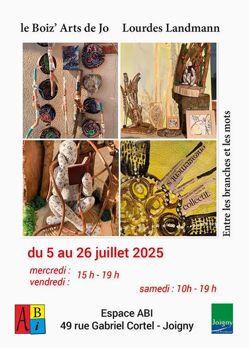 Exposition "Entre les branches et les mots" par Le Boiz’ Arts de Jo et Lourdes Landmann – Joigny (Espace ABI) (affiche de l’événement)
