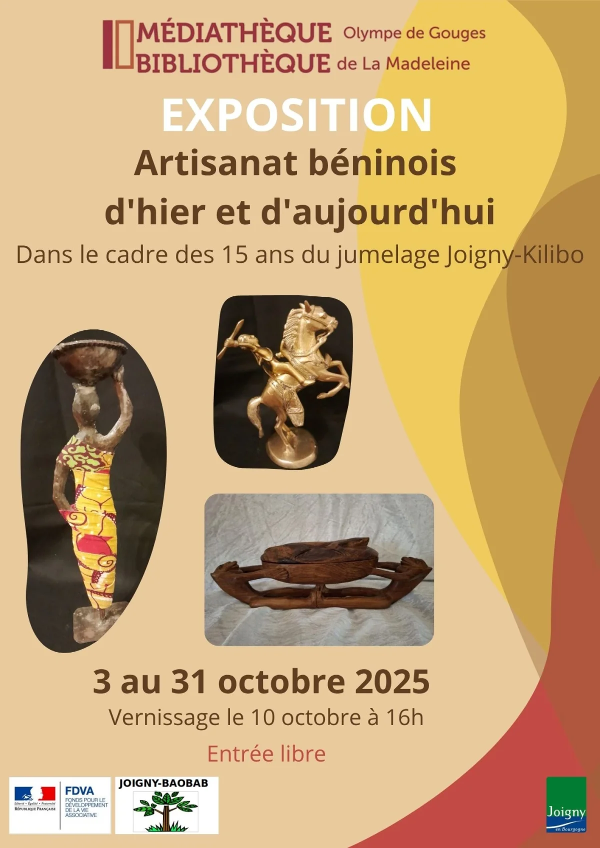 Exposition - Artisanat béninois d'hier et d'aujourd'hui – Joigny (Médiathèque Bibliothèque Olympe de Gouges de La Madeleine) (affiche de l’événement)