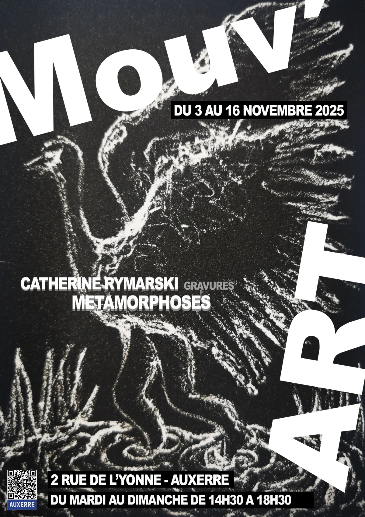 Vernissage de l'exposition "Métamorphoses" par Catherine Rymarski (Gravures) enrichi d’intermèdes théâtralisés – Auxerre (Espace Mouv'art) (affiche de l’événement)