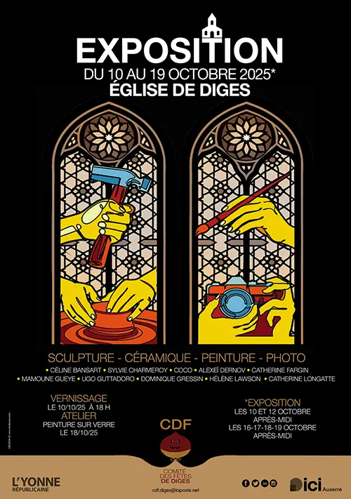 Vernissage de l'exposition artistique (sculpture, céramique, peinture, photo) – Diges (Eglise) (affiche de l’événement)