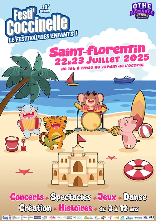 Festi' Coccinelle "part à la mer" : 2 jours de concerts, spectacles, jeux, danse, création et histoires (19ème édition du festival pour les enfants de 3 à 12 ans) – Saint-Florentin (Jardin de l’Octroi) (affiche de l’événement)