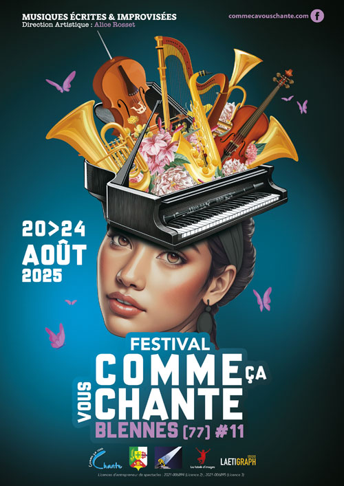 Concert avec Camila Ronza Quintet (musique brésilienne : Choro, Forrò, Samba) dans le cadre du Festival "Comme ça vous chante" (Direction Alice Rosset) – Blennes / Seine-et-Marne (Parc du Lavoir de Blennes / Concerts sous chapiteau) (affiche de l’événement)