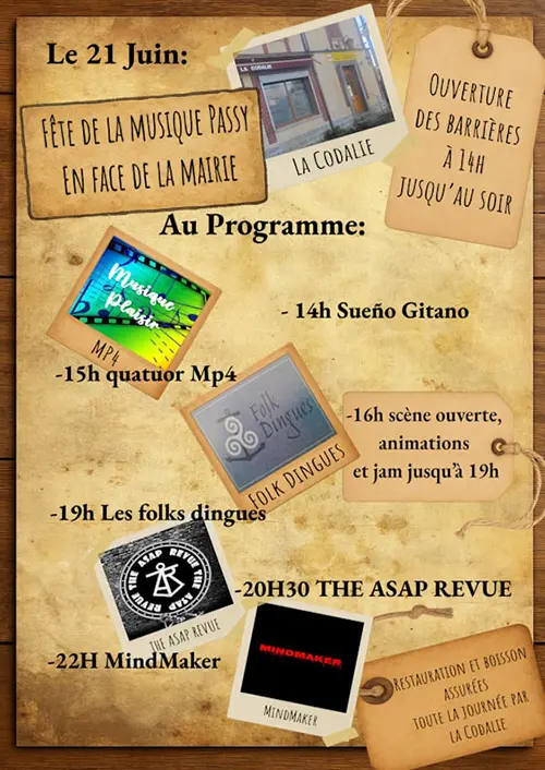 Fête de la Musique avec concerts de The ASAP Revue + Sueno Gitano + Quatuor Mp4 + Les folks dingues + MindMaker + scène ouverte, animations et jam – Passy (En face de la Mairie / La Codalie) (affiche de l’événement)