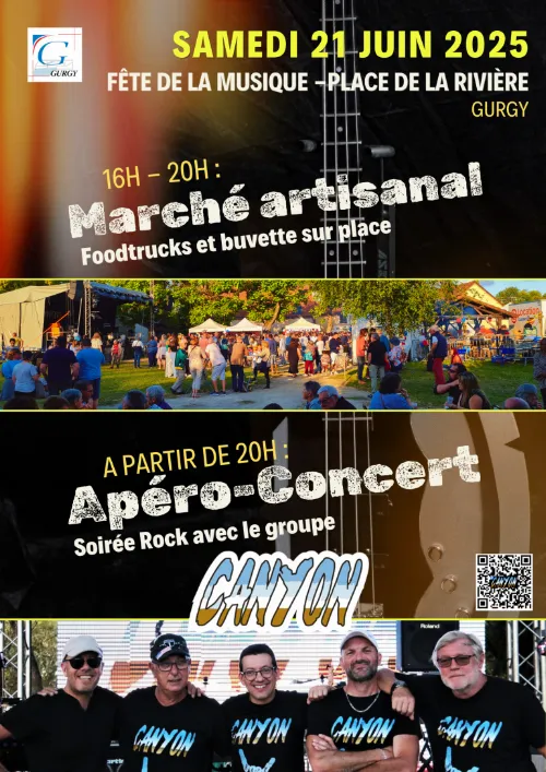 Marché artisanal et apéro-concert avec Canyon (pop-rock) dans le cadre de la Fête de la Musique – Gurgy (Place de la Rivière) (affiche de l’événement)