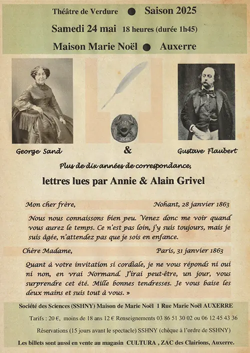 George Sand & Gustave Flaubert : Plus de dix années de correspondance (Lettres lues par Annie & Alain Grivel) – Auxerre (Théâtre de Verdure / Maison Marie-Noël) (affiche de l’événement)
