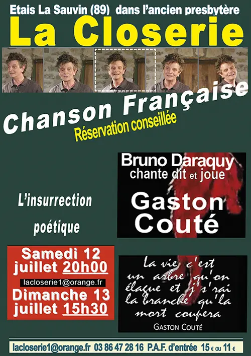 ANNULE // Spectacle "L'insurrection poétique" : Bruno Daraquy chante Gaston Couté (chanson française, poésie) – Etais-la-Sauvin (Théâtre de la Closerie) (affiche de l’événement)