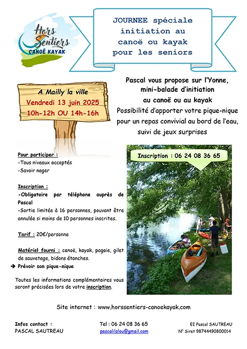 Séance d'initiation au Canoë-Kayak sur l'Yonne avec Hors Sentiers Canoë-Kayak et Pascal – Mailly-la-Ville (Rdv à l'ancien lavoir / sous la mairie) (affiche de l’événement)