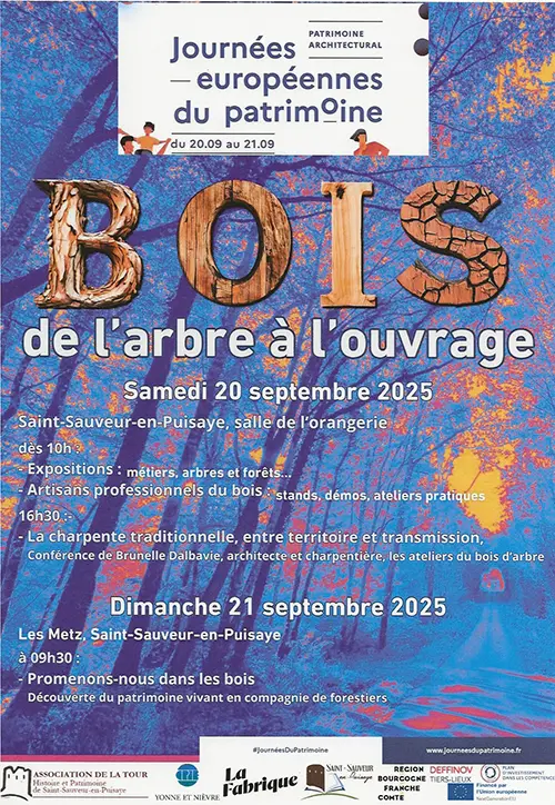 Journées européennes du patrimoine : Bois - de l’arbre à l’ouvrage (expositions, stands d'artisans, conférences, démos, ateliers...) – Saint-Sauveur-en-Puisaye (Salle de l'Orangerie) (affiche de l’événement)