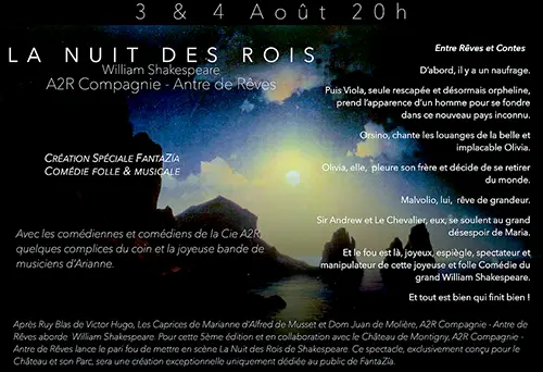 5ème édition du Festival Fantazía : "La Nuit des Rois" de William Shakespeare par la Compagnie A2R - Antre de Rêves (Création spéciale Fantazia / Comédie folle & musicale) – Perreux (Château de Montigny) (affiche de l’événement)