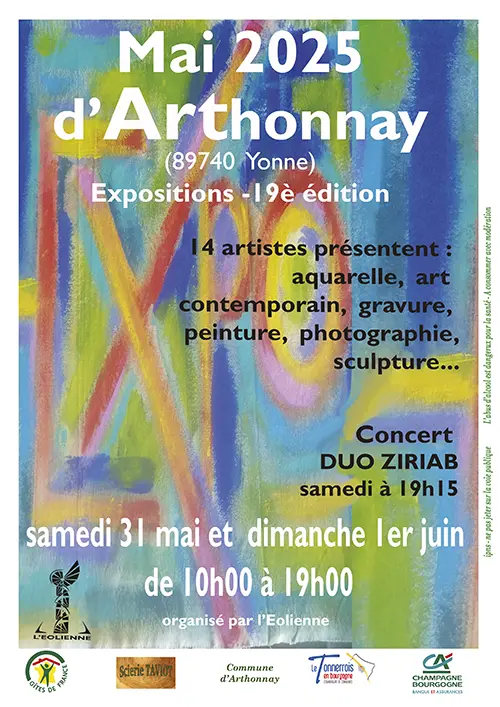 Mai d'Arthonnay (19ème édition sur 2 jours) : Expositions de 14 artistes dans les granges chez l'habitant (aquarelle, art contemporain, gravure, peinture, photographie, sculpture...) – Arthonnay (Granges et jardins) (affiche de l’événement)