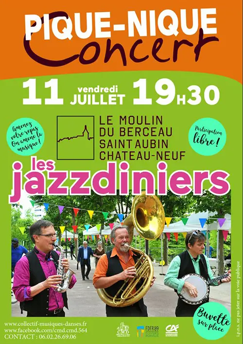 Pique-nique concert avec Les Jazzdiniers (fanfare festive déambulatoire / jazz, latino, ballades...) – Saint-Aubin-Château-Neuf / Le Val d'Ocre (Moulin du Berceau) (affiche de l’événement)