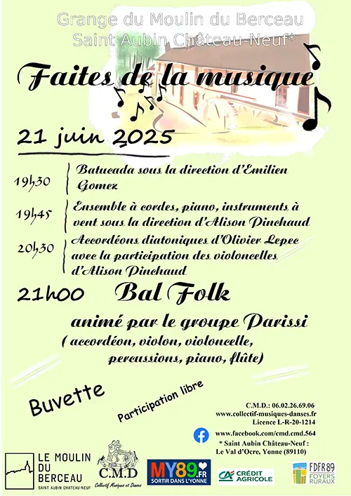 Faites de la musique ! Pique-nique concert spécial Fête de la Musique avec concerts et bal folk – Saint-Aubin-Château-Neuf / Le Val d'Ocre (Moulin du Berceau) (affiche de l’événement)