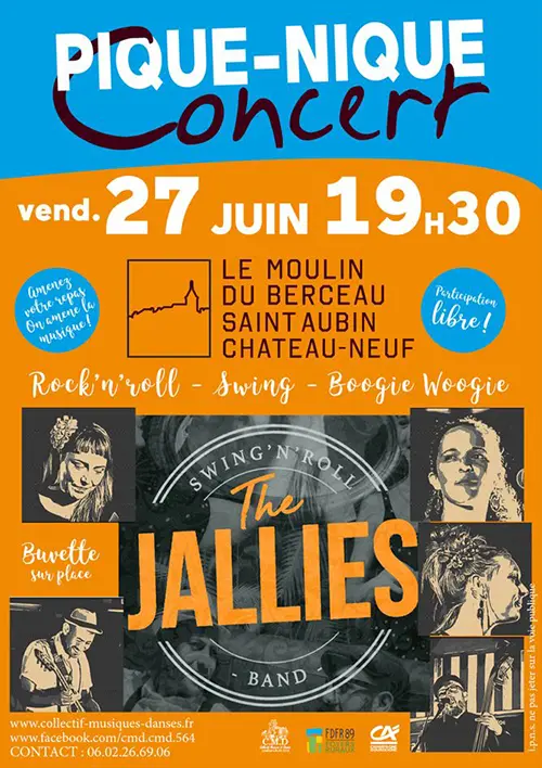 Pique-nique concert avec The Jallies (rockabilly, swing, chants) – Saint-Aubin-Château-Neuf / Le Val d'Ocre (Moulin du Berceau) (affiche de l’événement)