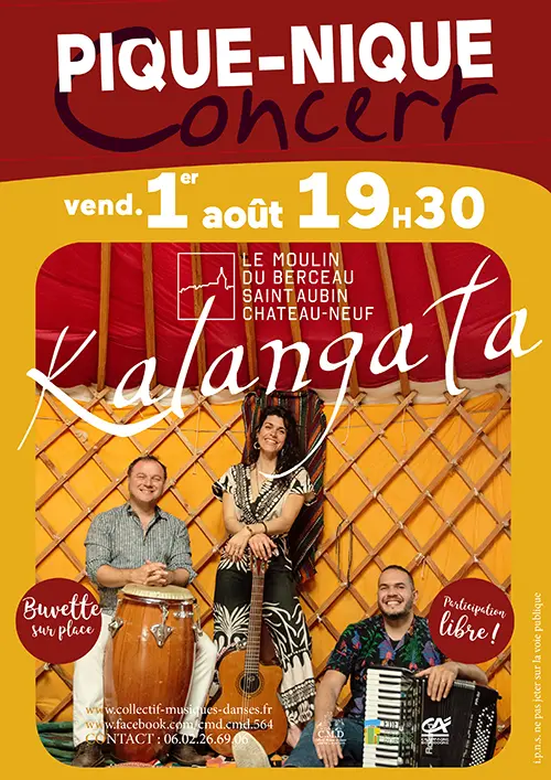 Pique-nique concert avec Kalangata (Brésil, Cap Vert, Colombie, Angola) – Saint-Aubin-Château-Neuf / Le Val d'Ocre (Moulin du Berceau) (affiche de l’événement)