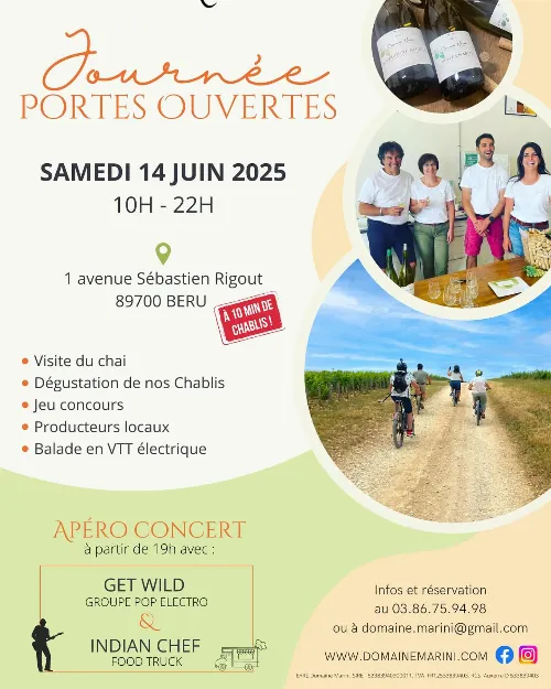 Journée portes ouvertes au Domaine Marini : visite, dégustation, jeu concours, producteurs locaux, balade VTT et apéro-concert avec Get Wild (pop électro) et food-truck par Indian Chef – Béru (Chai du Domaine Marini) (affiche de l’événement)