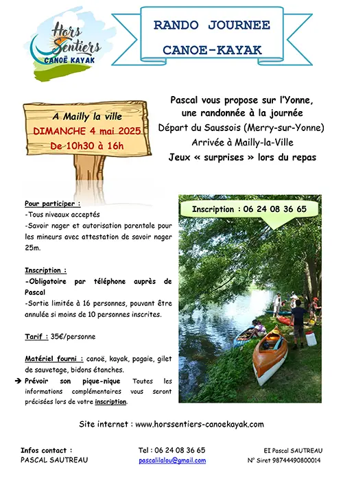 Rando journée en Canoë-Kayak du Saussois (Merry-sur-Yonne) à Mailly-la-Ville avec Hors Sentiers Canoë-Kayak et Pascal  + Jeux "surprises" lors du repas – Merry-sur-Yonne (Le Saussois) (affiche de l’événement)