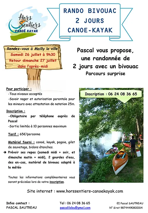 Rando bivouac sur 2 jours en Canoë-Kayak (parcours surprise) avec Hors Sentiers Canoë-Kayak et Pascal – Mailly-la-Ville (Rdv à l'ancien lavoir / sous la mairie) (affiche de l’événement)
