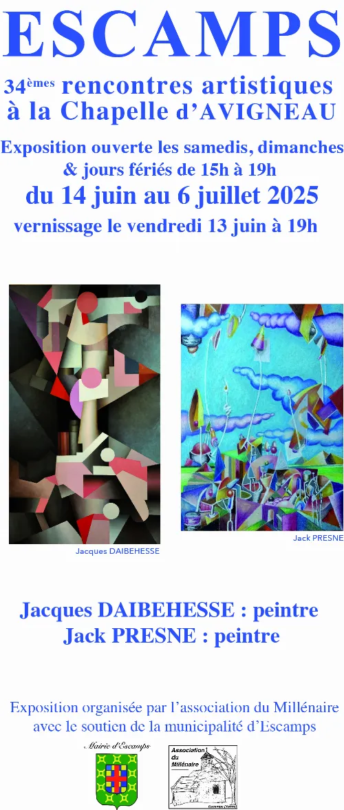 34èmes Rencontres Artistiques de la Chapelle d'Avigneau : Exposition de Jacques Daibehesse et Jack Presne (peintures) – Escamps (Chapelle d'Avigneau) (affiche de l’événement)