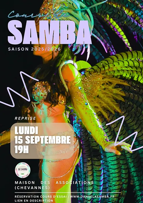 Cours de danse Samba (reprise de la saison) – Chevannes (Maison des associations) (affiche de l’événement)