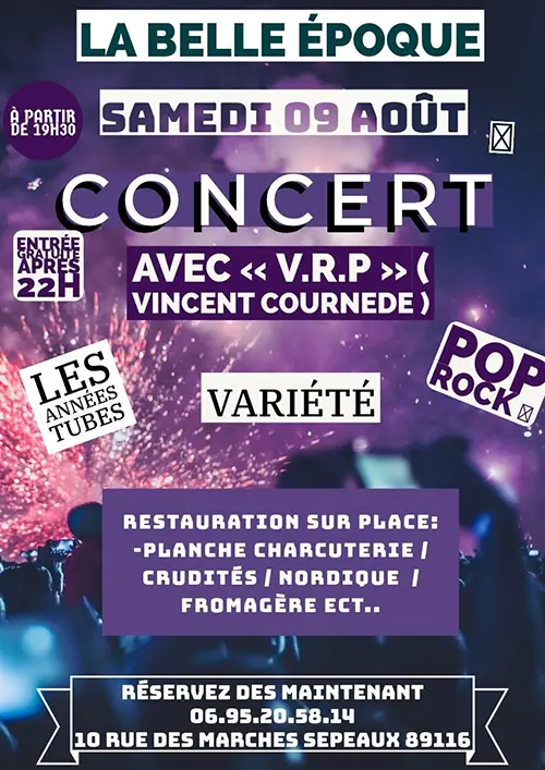 Soirée resto-concert avec V.R.P Vincent Cournède (Les Années Tubes / Variété / Pop Rock) – Sépeaux (La Belle Epoque) (affiche de l’événement)