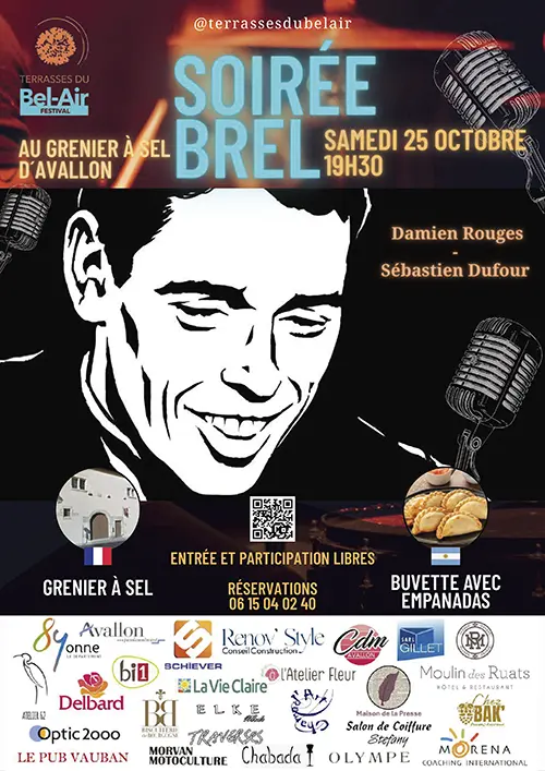 Soirée Brel dans le cadre du Festival Terrasses du Bel-Air – Avallon (Grenier à Sel) (affiche de l’événement)