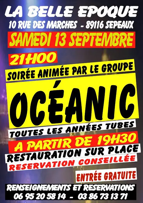Soirée animée par le groupe Océanic (Les Années Tubes) – Sépeaux (La Belle Epoque) (affiche de l’événement)
