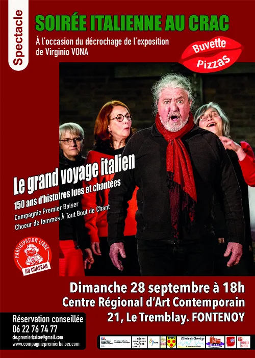 Soirée italienne au CRAC : "Le grand voyage italien"  (150 ans d’histoires lues et chantées) par la Compagnie Premier Baiser  et le choeur de femmes À Tout Bout de Chant – Fontenoy (Centre Régional d'Art Contemporain - Le Tremblay) (affiche de l’événement)