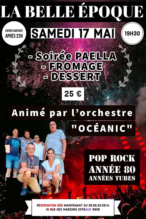 SOIREE REPORTEE AU 17 SEPTEMBRE // Soirée resto-concert avec l'orchestre Océanic (pop rock, années 80,  années tubes) – Sépeaux (La Belle Epoque) (affiche de l’événement)