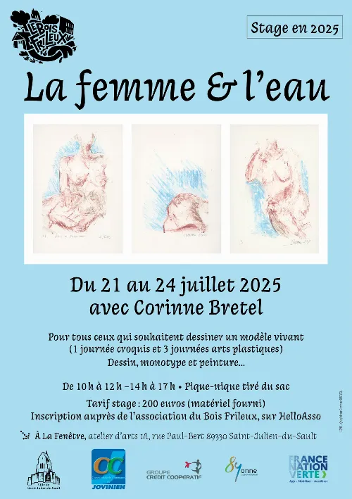 Stage d’arts plastiques avec Corinne Bretel : Atelier de dessin d'après modèle vivant, monotype et peinture sur le thème de "la femme et l'eau" – Saint-Julien-du-Sault (La Fenêtre, atelier d’arts / 1a Rue Paul Bert) (affiche de l’événement)