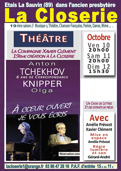 Théâtre : "A cœur ouvert, je vous écris" (Anton Tchekhov et Olga Knipper / 6 ans de correspondance) avec Amélie Prévost et Xavier Clément – Etais-la-Sauvin (Théâtre de la Closerie) (affiche de l’événement)
