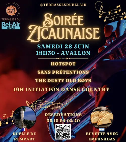 Soirée Zicaunaise (et initiation Danse Country à 16h) dans le cadre du Festival Terrasses du Bel-Air – Avallon (Terrasses du Bel Air) (affiche de l’événement)