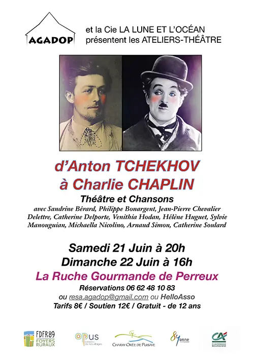 Théâtre : "De Tchekhov à Chaplin" par l’Atelier-Théâtre du Mardi sous la direction de Patrick Mons (Compagnie La Lune et l’Océan) – Perreux / Charny Orée de Puisaye (La Ruche Gourmande) (affiche de l’événement)