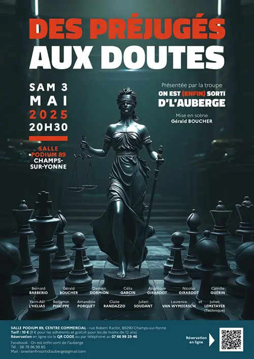 Annulé // Théâtre : "Des préjugés aux doutes" par la troupe "On est (enfin) sorti de l’auberge" (mise en scène : Gérald Boucher) – Champs-sur-Yonne (Salle Podium 89 / Rue Robert Raclot) (affiche de l’événement)