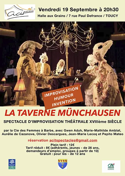 "La Taverne Münchausen" : Spectacle d’improvisation théâtrale sur le thème du XVIIIème siècle par la Compagnie des Femmes à Barbe (Improvisation, humour et invention) – Toucy (Halle aux grains) (affiche de l’événement)